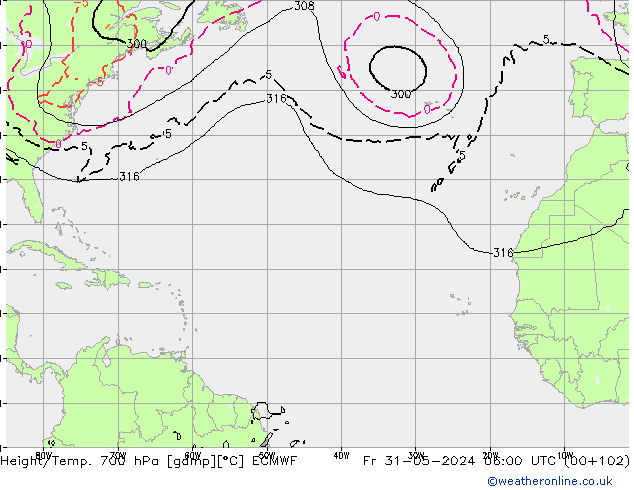 Height/Temp. 700 гПа ECMWF пт 31.05.2024 06 UTC