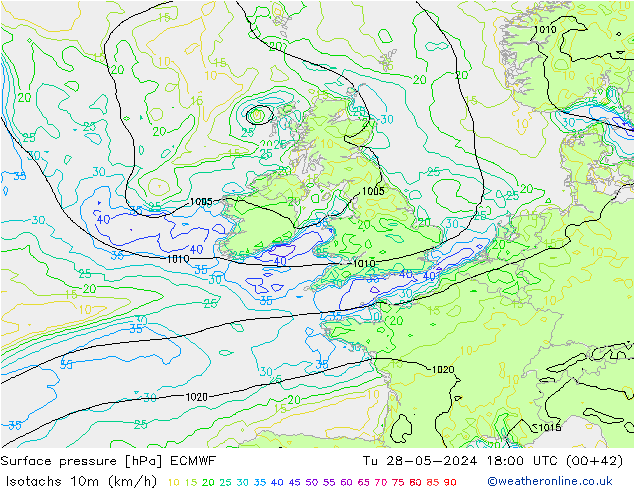 Isotachen (km/h) ECMWF di 28.05.2024 18 UTC