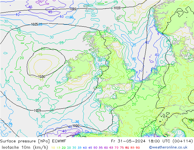 Isotachs (kph) ECMWF Fr 31.05.2024 18 UTC