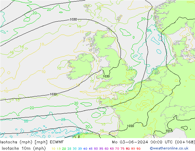 Isotachs (mph) ECMWF пн 03.06.2024 00 UTC