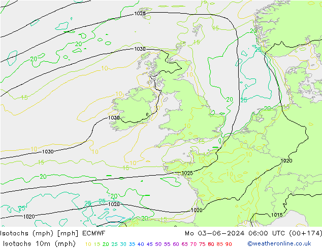 Izotacha (mph) ECMWF pon. 03.06.2024 06 UTC