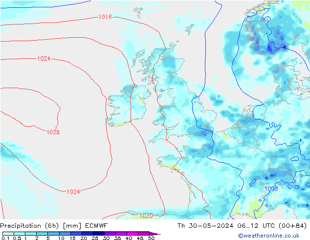 Z500/Rain (+SLP)/Z850 ECMWF gio 30.05.2024 12 UTC