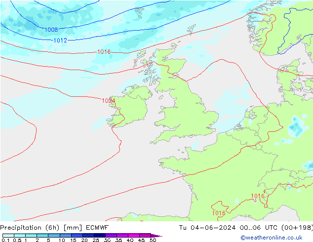 Totale neerslag (6h) ECMWF di 04.06.2024 06 UTC