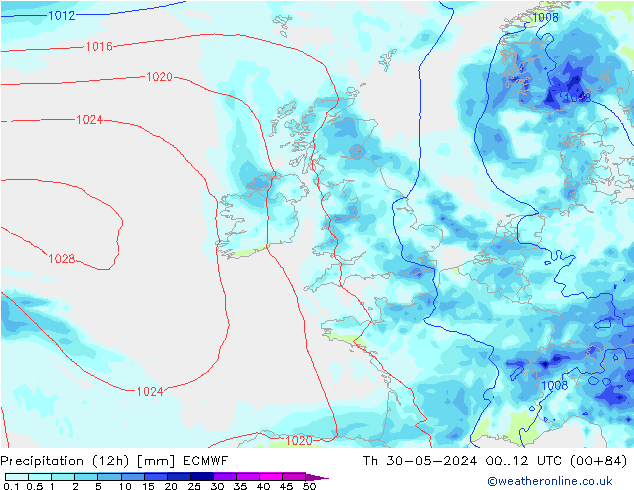 Precipitation (12h) ECMWF Čt 30.05.2024 12 UTC
