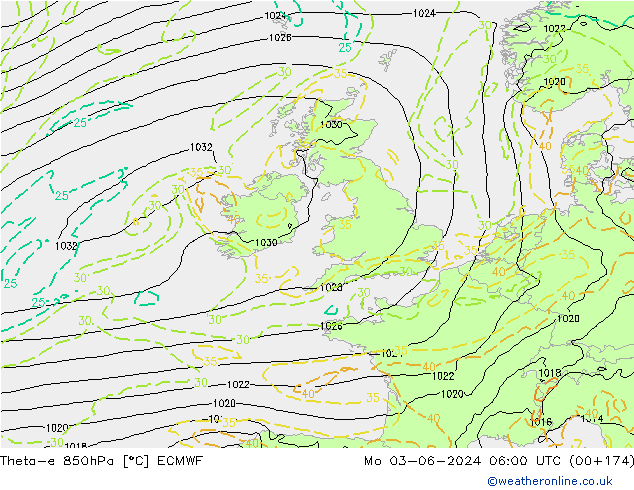 Theta-e 850hPa ECMWF pon. 03.06.2024 06 UTC