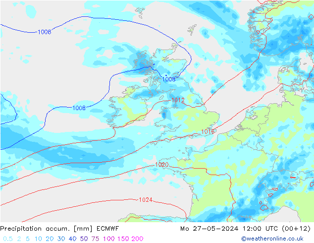 Precipitation accum. ECMWF pon. 27.05.2024 12 UTC