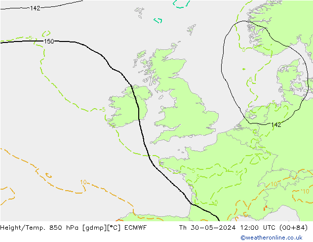 Z500/Rain (+SLP)/Z850 ECMWF gio 30.05.2024 12 UTC