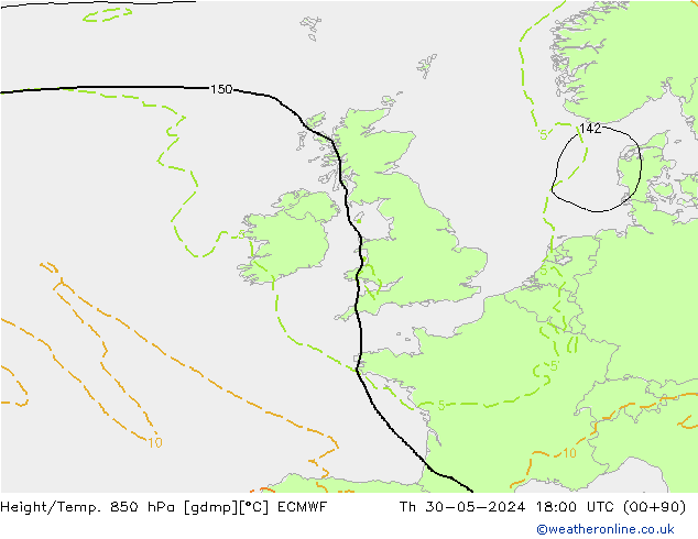 Z500/Rain (+SLP)/Z850 ECMWF gio 30.05.2024 18 UTC