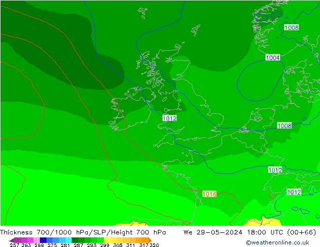 Thck 700-1000 hPa ECMWF We 29.05.2024 18 UTC