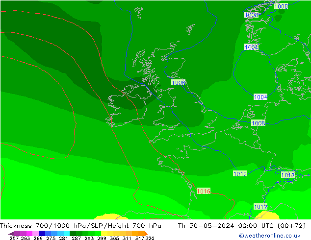 Thck 700-1000 hPa ECMWF czw. 30.05.2024 00 UTC