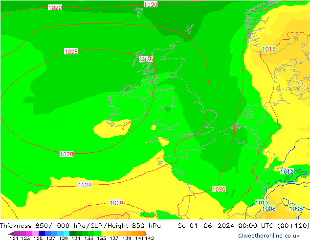 Dikte 850-1000 hPa ECMWF za 01.06.2024 00 UTC