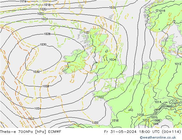 Theta-e 700hPa ECMWF Fr 31.05.2024 18 UTC