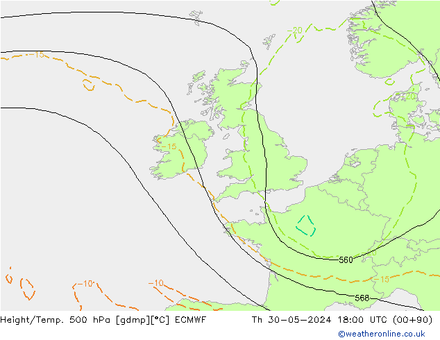 Z500/Rain (+SLP)/Z850 ECMWF gio 30.05.2024 18 UTC