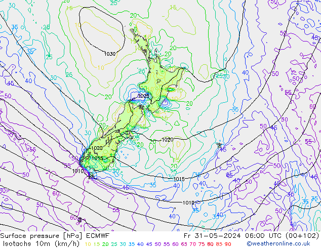 Isotachs (kph) ECMWF  31.05.2024 06 UTC