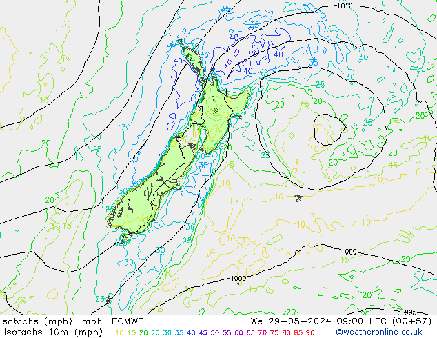 Isotaca (mph) ECMWF mié 29.05.2024 09 UTC