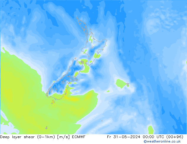 Deep layer shear (0-1km) ECMWF vr 31.05.2024 00 UTC