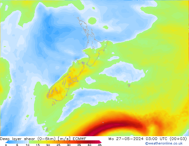 Deep layer shear (0-6km) ECMWF Po 27.05.2024 03 UTC