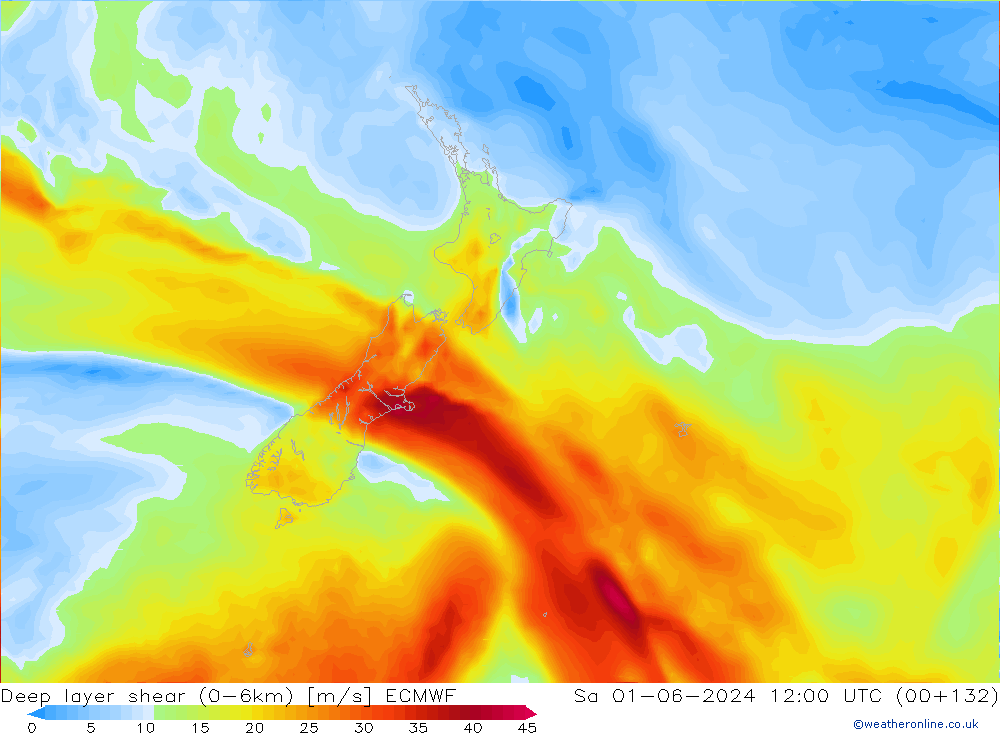 Deep layer shear (0-6km) ECMWF сб 01.06.2024 12 UTC