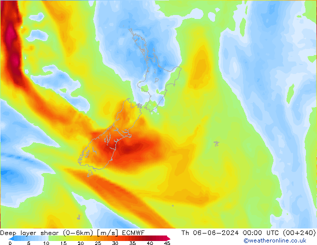 Deep layer shear (0-6km) ECMWF Th 06.06.2024 00 UTC