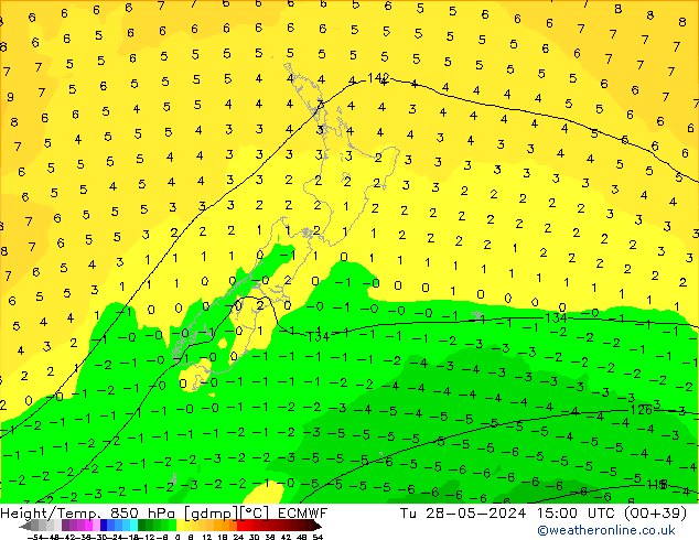 Hoogte/Temp. 850 hPa ECMWF di 28.05.2024 15 UTC