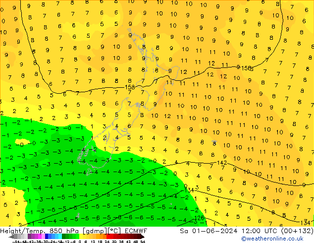 Height/Temp. 850 hPa ECMWF Sa 01.06.2024 12 UTC