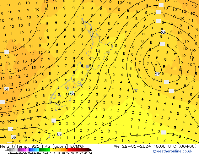 Height/Temp. 925 hPa ECMWF Qua 29.05.2024 18 UTC