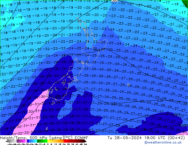 Height/Temp. 500 hPa ECMWF Út 28.05.2024 18 UTC