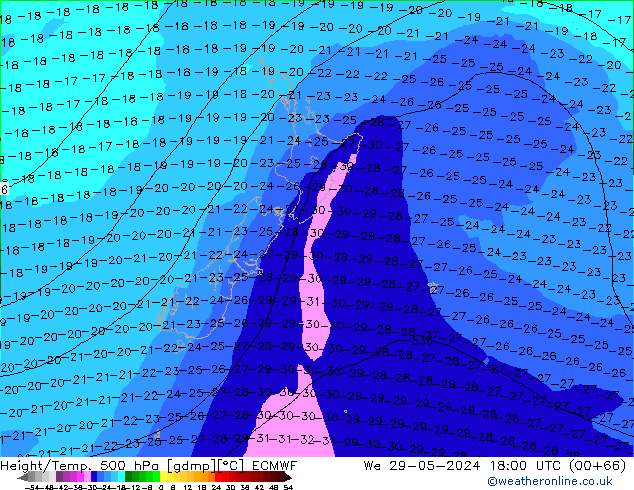 Z500/Yağmur (+YB)/Z850 ECMWF Çar 29.05.2024 18 UTC