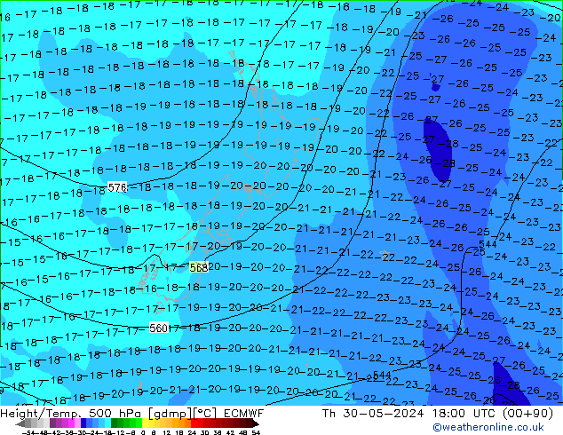 Z500/Rain (+SLP)/Z850 ECMWF чт 30.05.2024 18 UTC