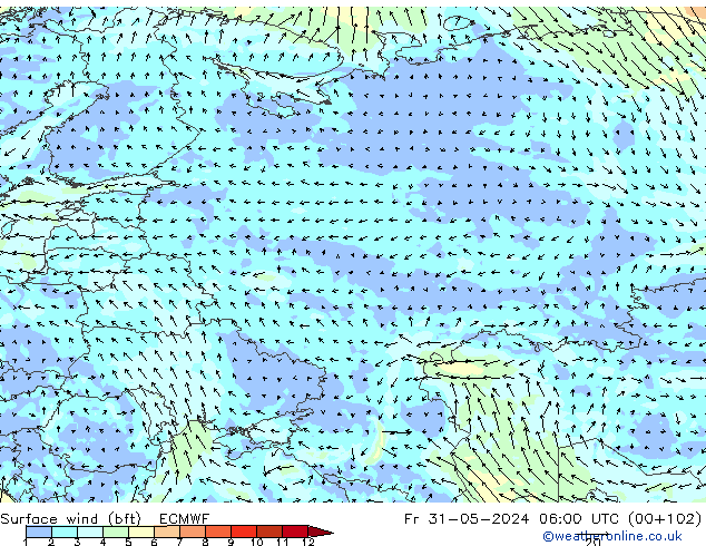 wiatr 10 m (bft) ECMWF pt. 31.05.2024 06 UTC