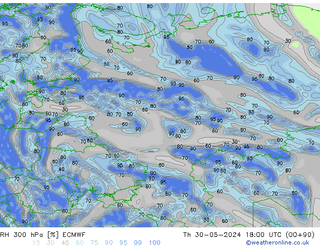 RH 300 hPa ECMWF czw. 30.05.2024 18 UTC