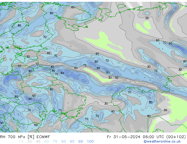 RH 700 гПа ECMWF пт 31.05.2024 06 UTC