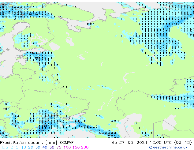 Precipitation accum. ECMWF lun 27.05.2024 18 UTC