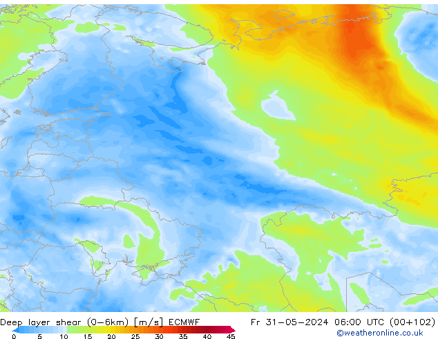 Deep layer shear (0-6km) ECMWF Cu 31.05.2024 06 UTC