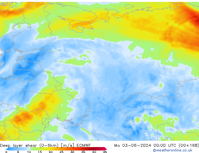 Deep layer shear (0-6km) ECMWF Po 03.06.2024 00 UTC