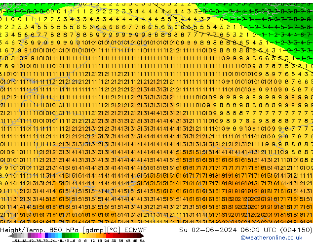 Hoogte/Temp. 850 hPa ECMWF zo 02.06.2024 06 UTC