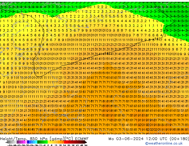 Z500/Yağmur (+YB)/Z850 ECMWF Pzt 03.06.2024 12 UTC