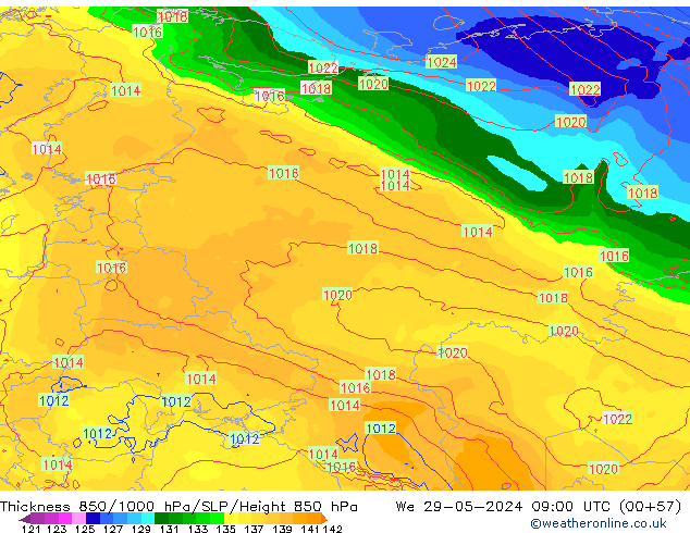 Thck 850-1000 hPa ECMWF St 29.05.2024 09 UTC