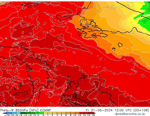 Theta-W 850hPa ECMWF Pá 31.05.2024 12 UTC