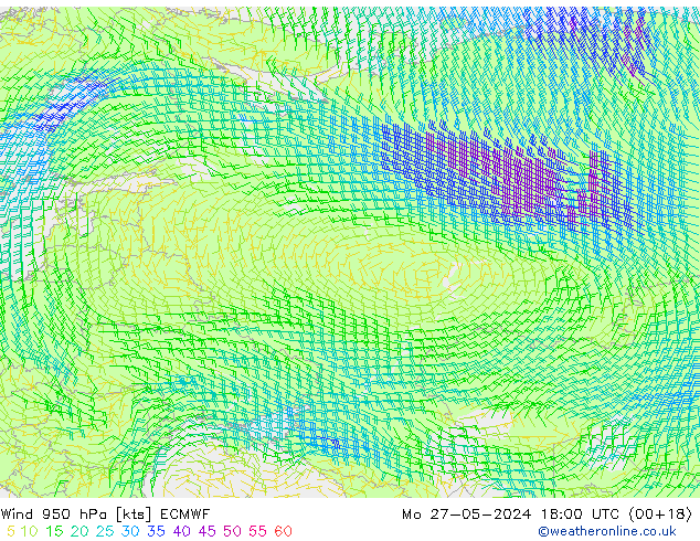 Wind 950 hPa ECMWF Mo 27.05.2024 18 UTC