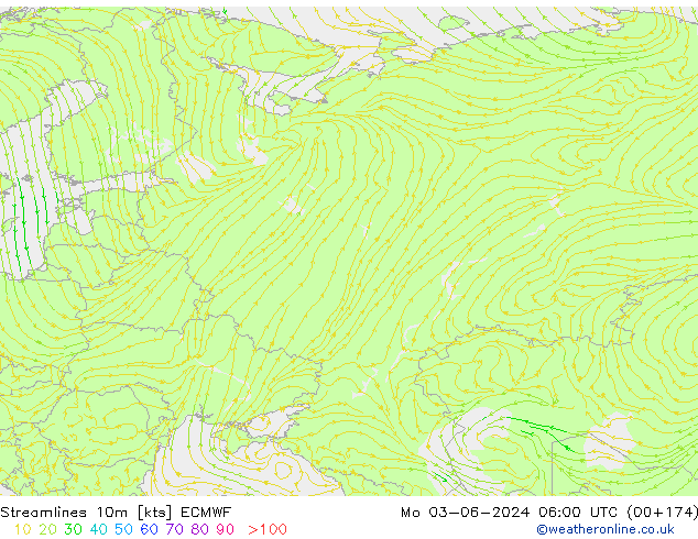 Streamlines 10m ECMWF Mo 03.06.2024 06 UTC