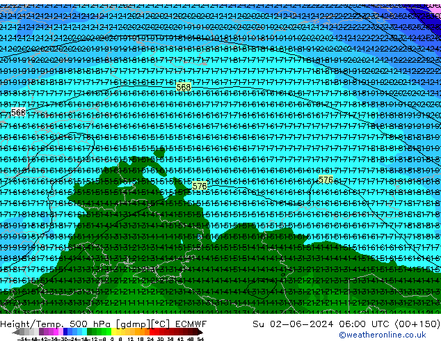 Hoogte/Temp. 500 hPa ECMWF zo 02.06.2024 06 UTC