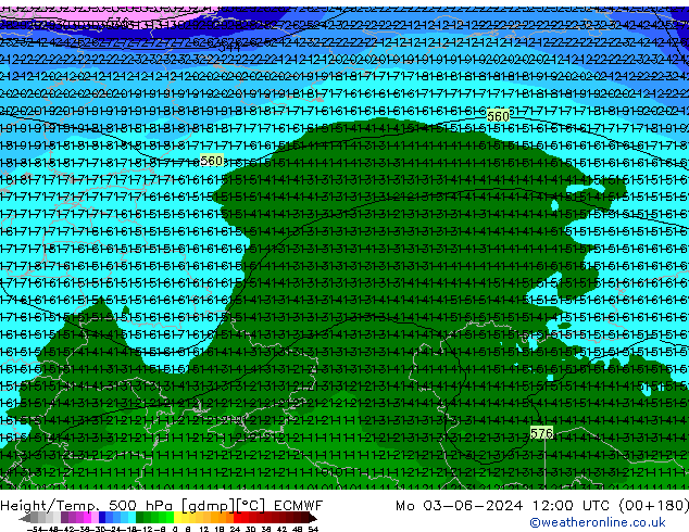 Z500/Yağmur (+YB)/Z850 ECMWF Pzt 03.06.2024 12 UTC