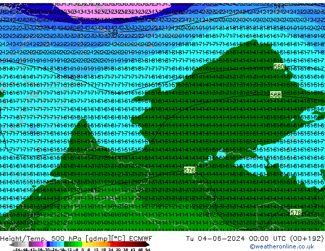 Z500/Rain (+SLP)/Z850 ECMWF Út 04.06.2024 00 UTC