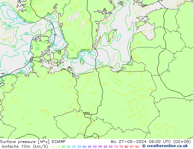 Izotacha (km/godz) ECMWF pon. 27.05.2024 06 UTC