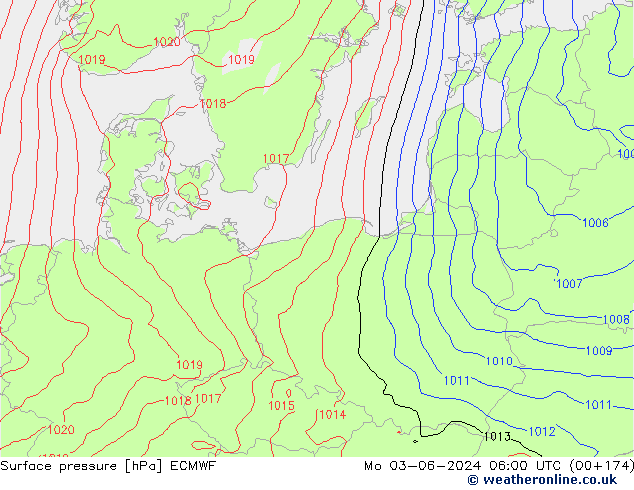 Surface pressure ECMWF Mo 03.06.2024 06 UTC