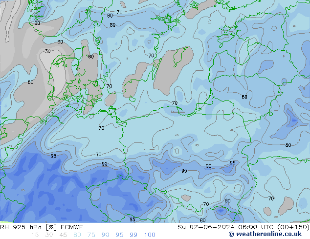 Humedad rel. 925hPa ECMWF dom 02.06.2024 06 UTC