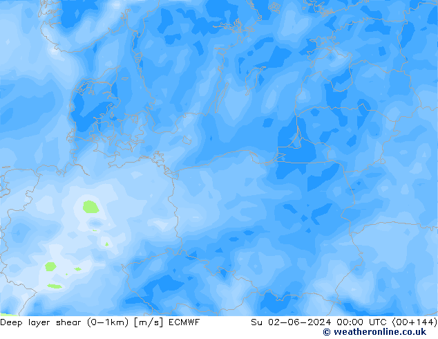 Deep layer shear (0-1km) ECMWF dim 02.06.2024 00 UTC