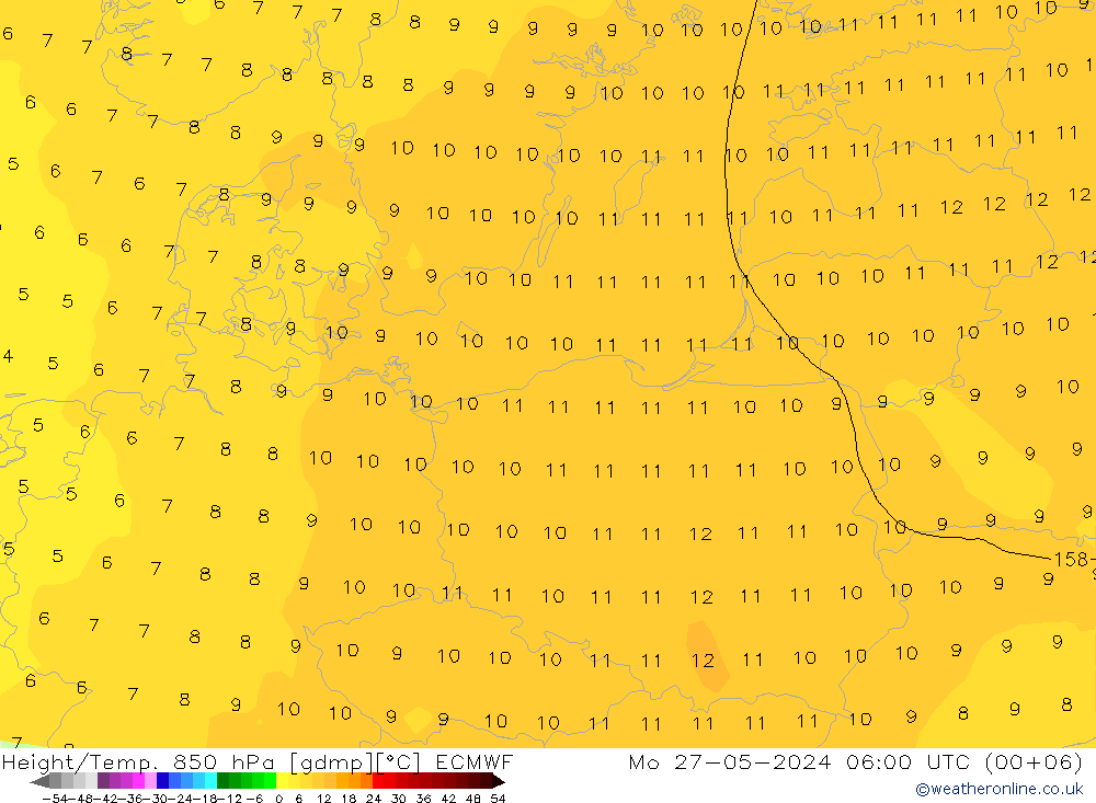 Geop./Temp. 850 hPa ECMWF lun 27.05.2024 06 UTC