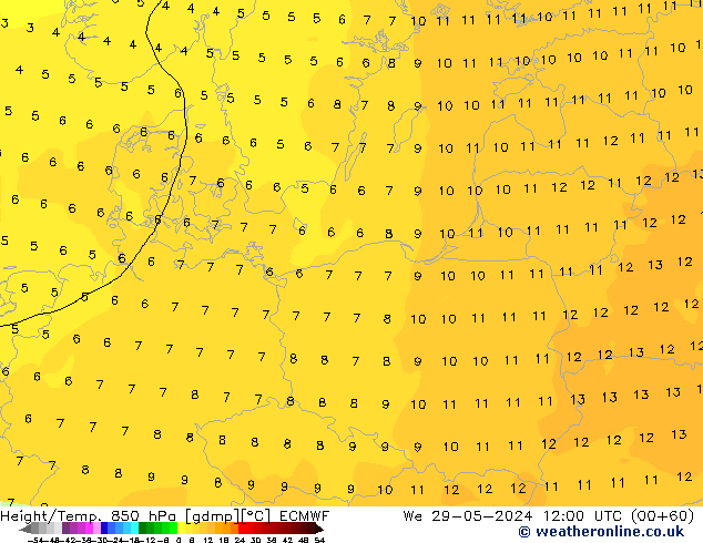 Height/Temp. 850 hPa ECMWF Qua 29.05.2024 12 UTC